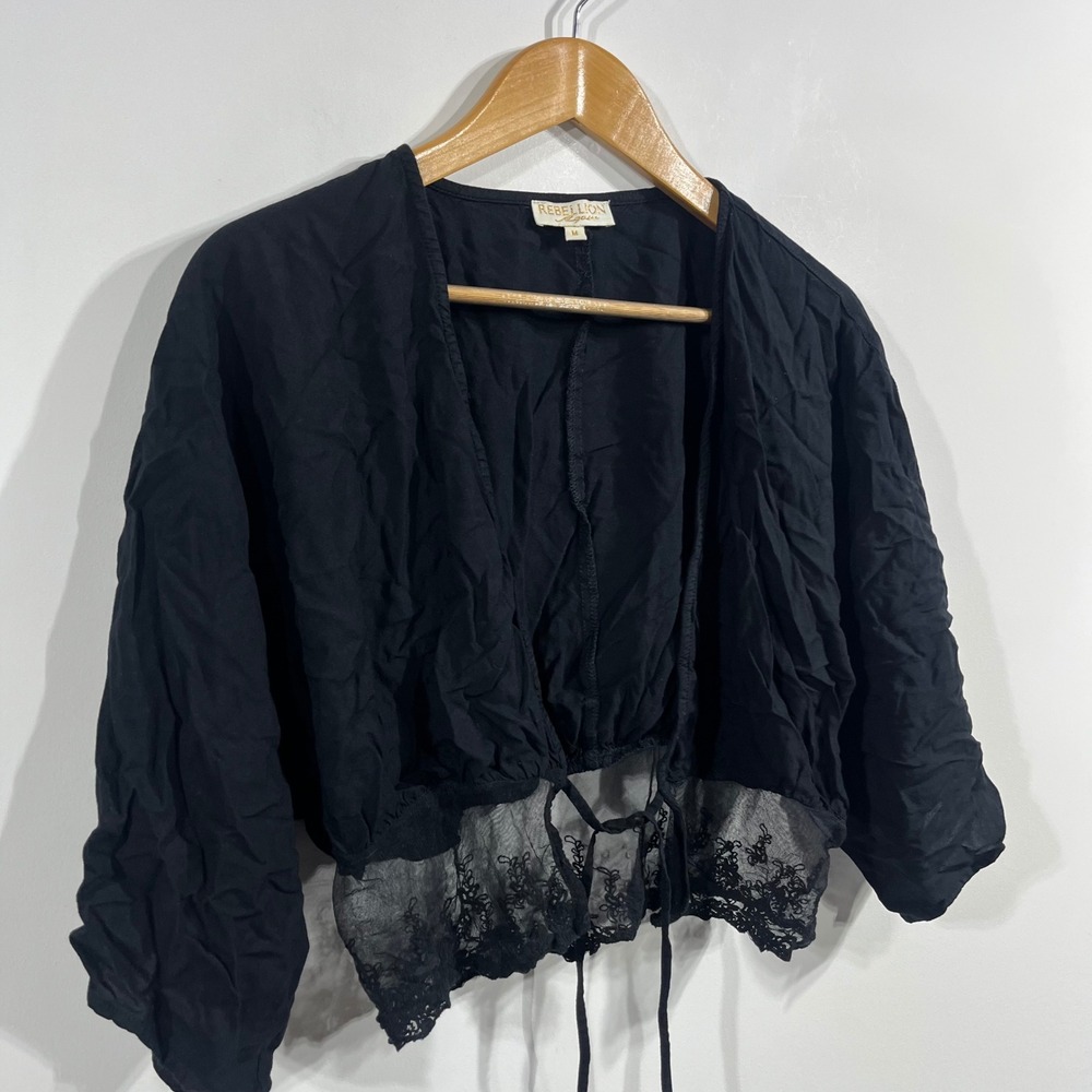Rebellion Boho Festival Lace Sheer Tie Front Fairy Grunge Crop Top Womens Medium